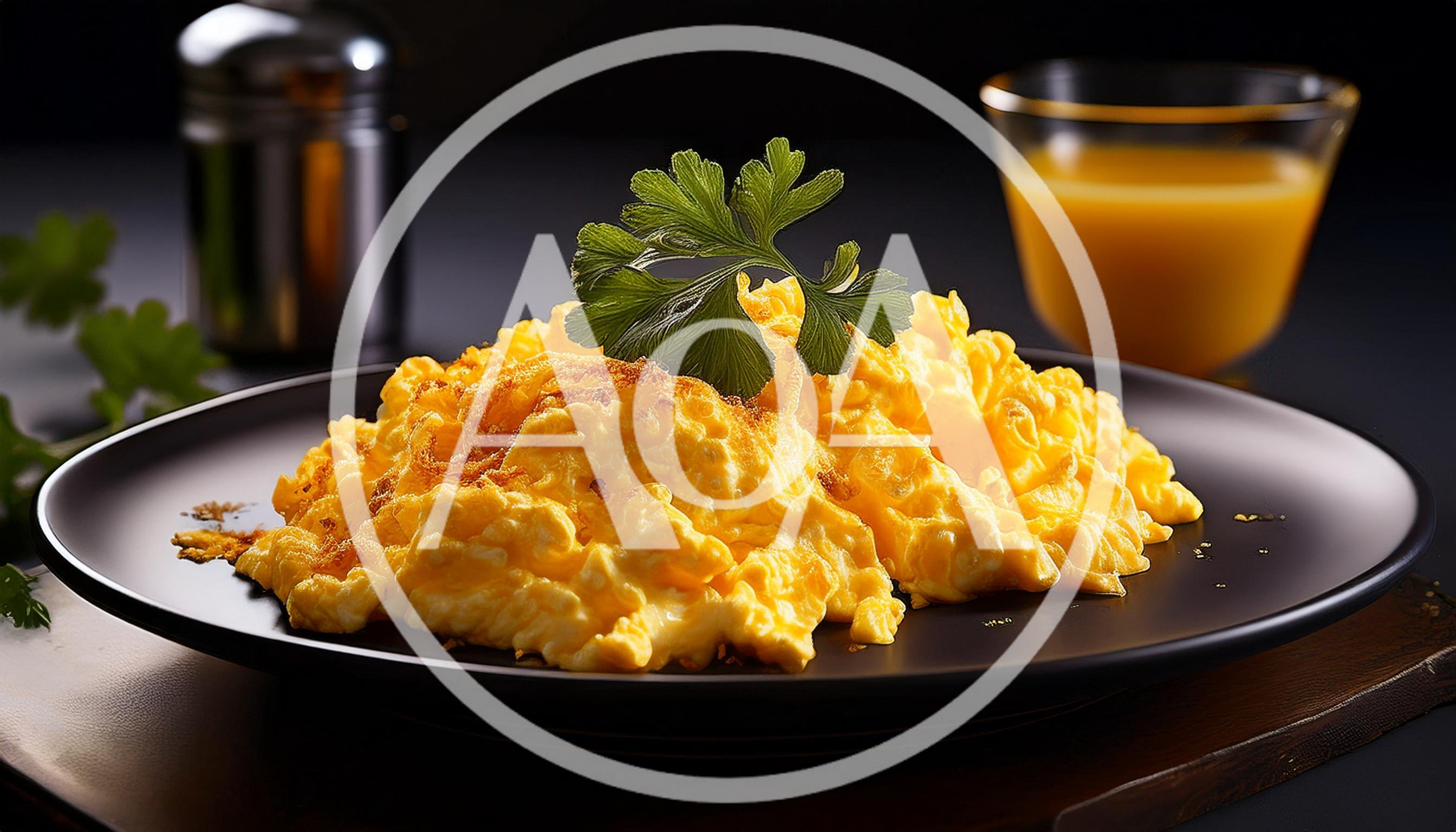 Plate Of Fluffy Scrambled Eggs With Parsley Garnish