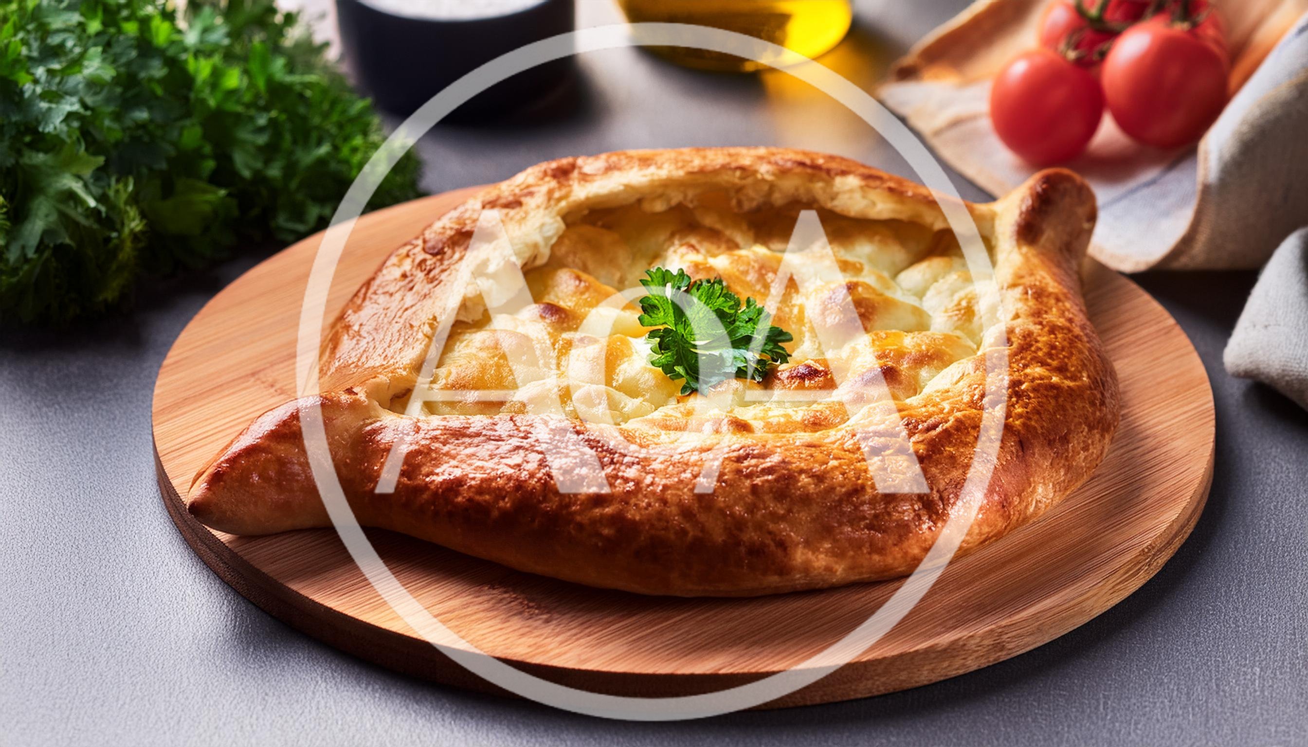 Freshly Baked Khachapuri Cheese Bread on Wooden Board