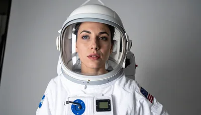 Female Astronaut Wearing Space Suit Helmet