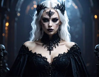 Gothic Queen With White Hair And Black Lace Crown