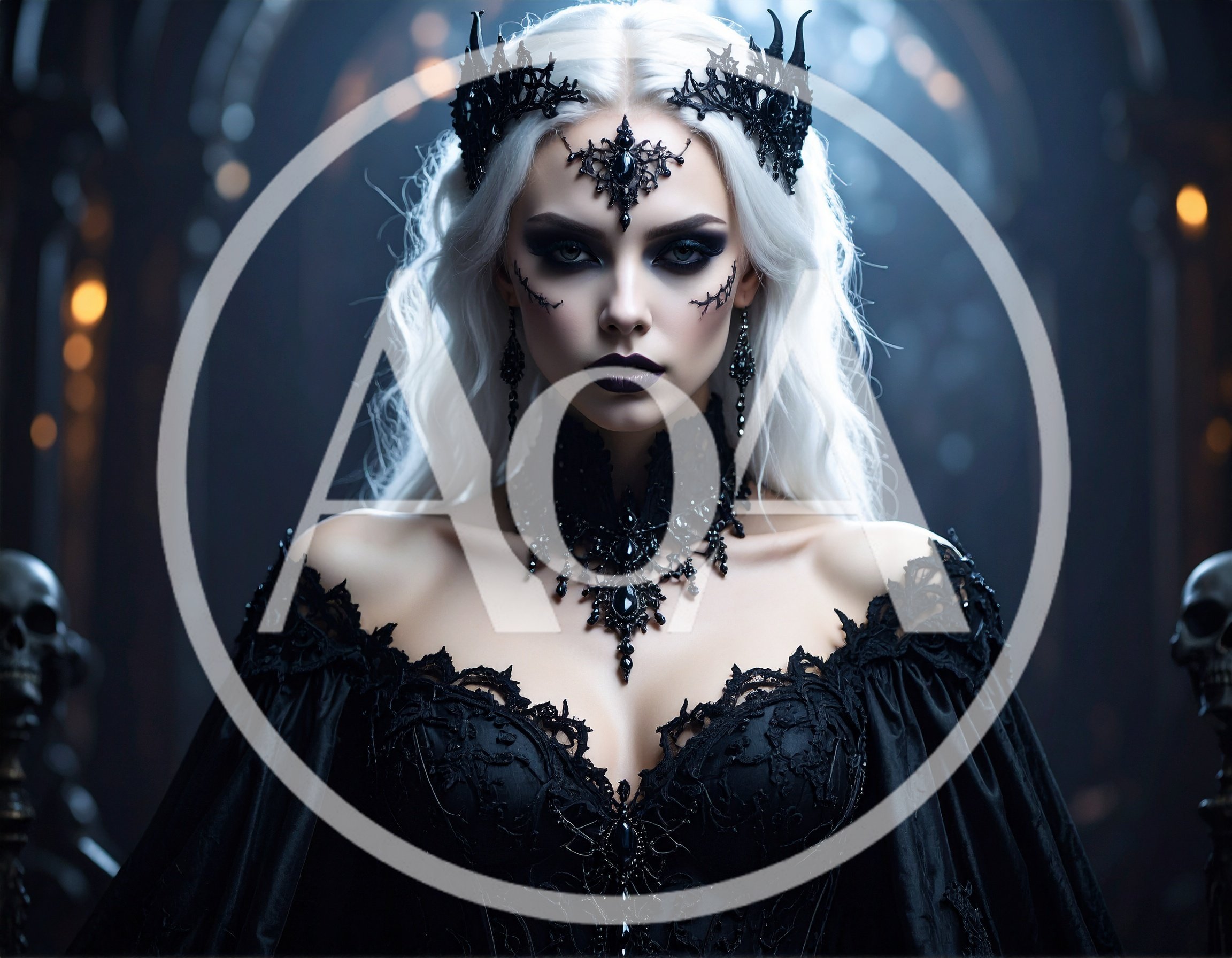 Gothic Queen With White Hair And Black Lace Crown