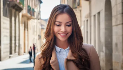Young Woman Smiling While Walking Down A City Street