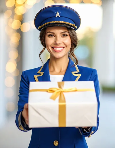 Smiling Flight Attendant Holding A Gift Box