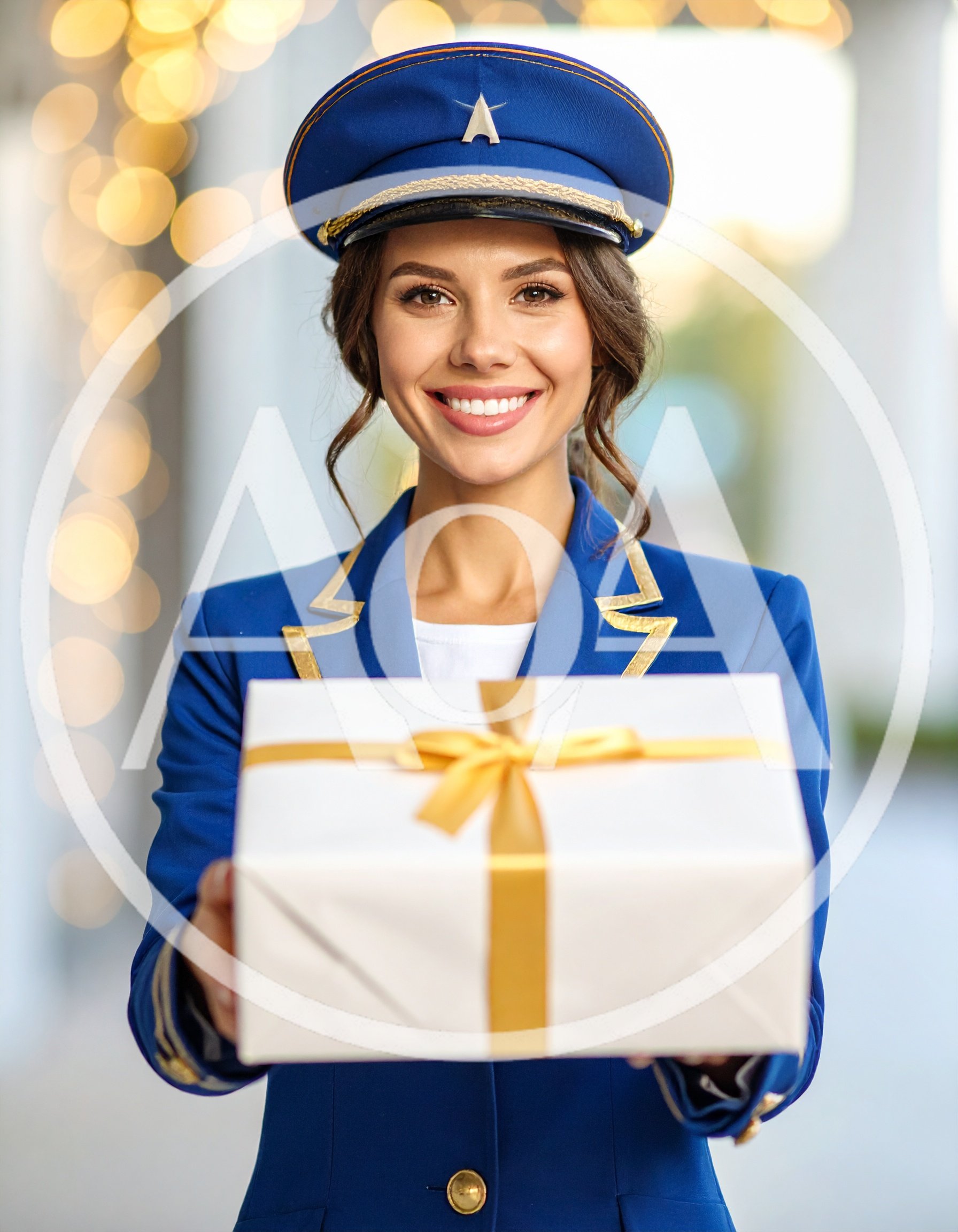 Smiling Flight Attendant Holding A Gift Box