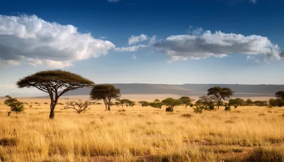 Acacia Trees In The Serengeti Savanna Grassland