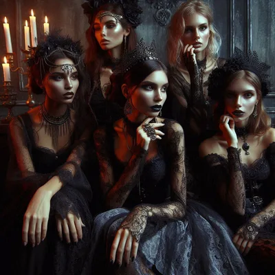 Group of Gothic Women in Elegant Black Lace Attire