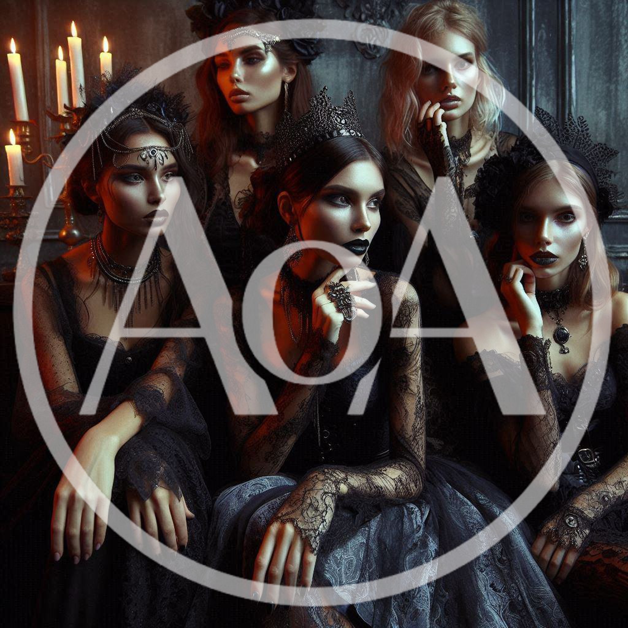 Group of Gothic Women in Elegant Black Lace Attire