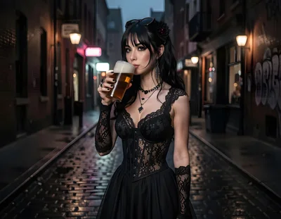 Gothic Woman Drinking Beer In A Rainy City Alley