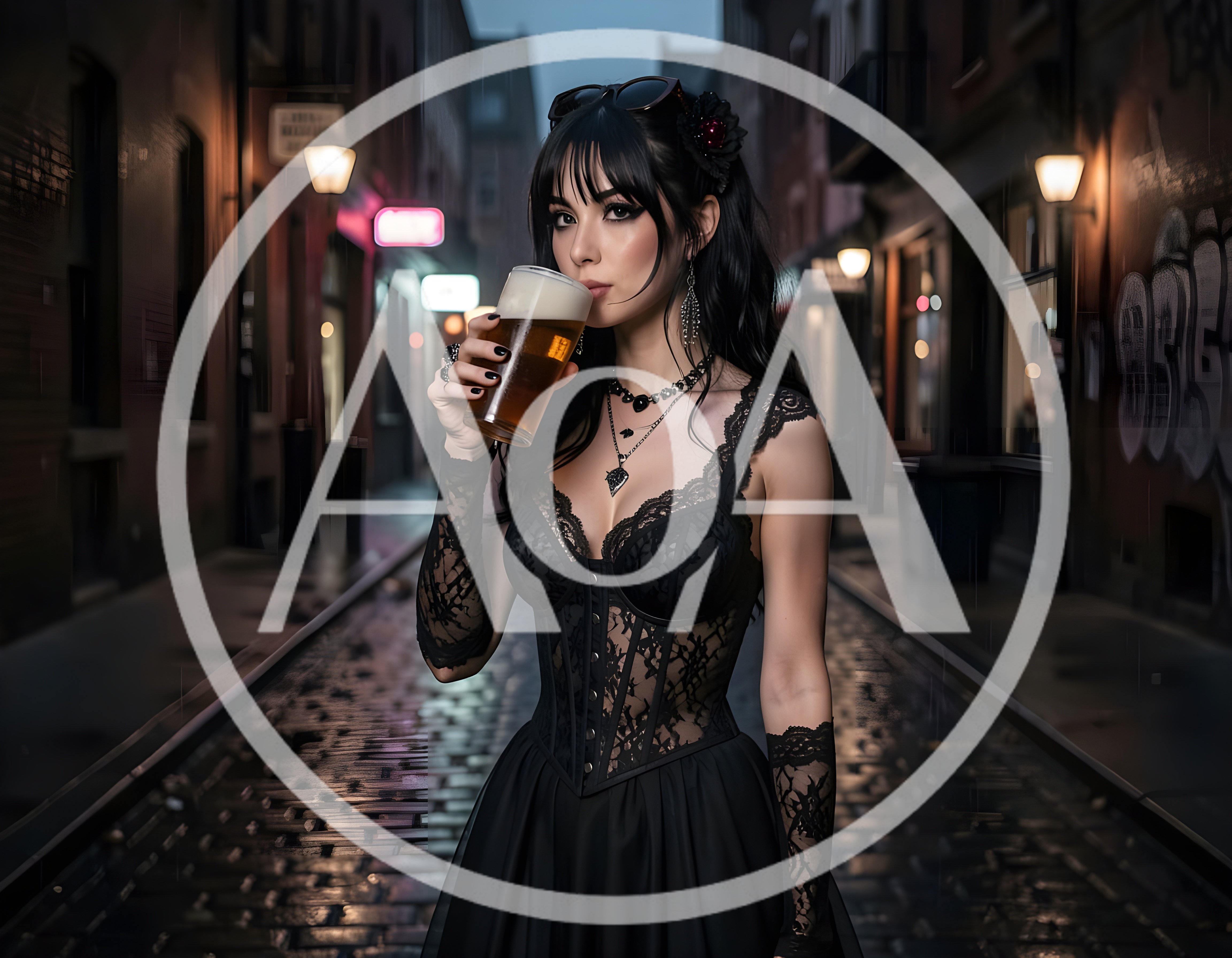 Gothic Woman Drinking Beer In A Rainy City Alley