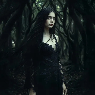 Gothic Woman With Long Dark Hair In Dark Forest