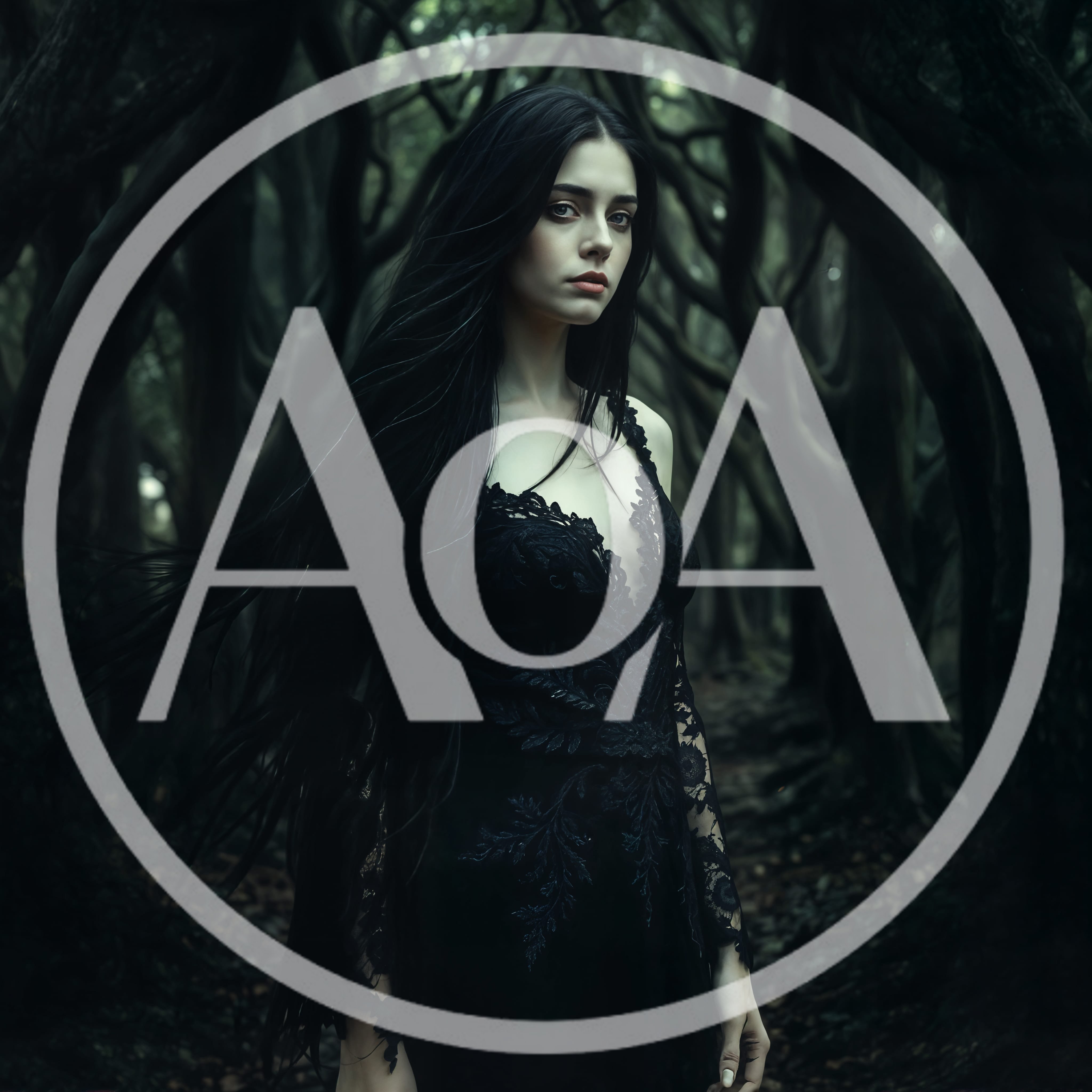 Gothic Woman With Long Dark Hair In Dark Forest