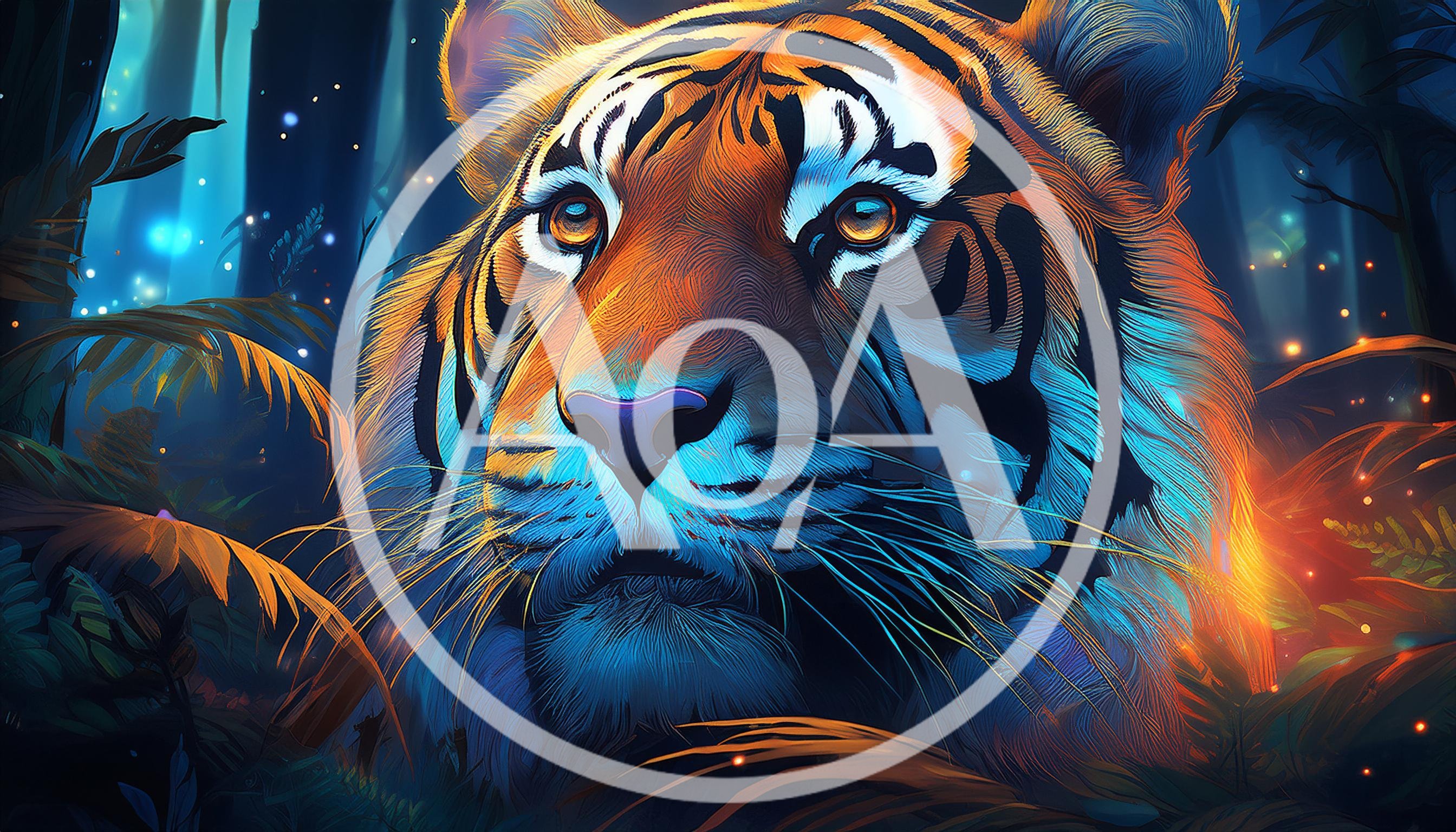 Majestic Tiger Portrait In A Glowing Magical Forest