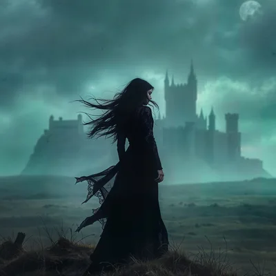 Gothic Woman Standing Before A Dark Foggy Castle