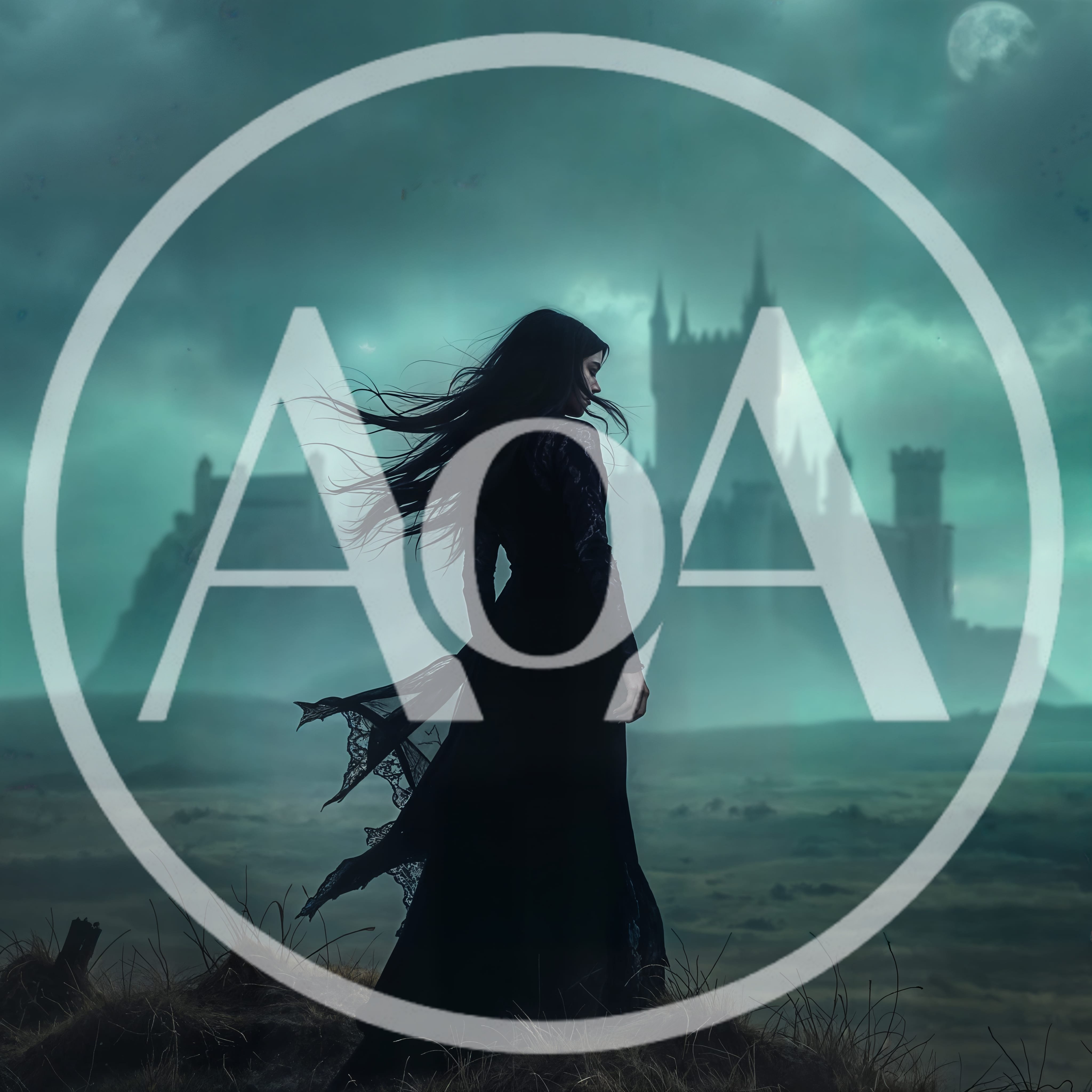 Gothic Woman Standing Before A Dark Foggy Castle