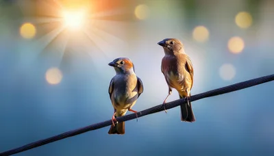 Two Small Birds Perched Together On A Wire