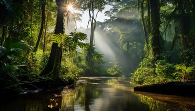 Sunlight Streaming Through Tropical Rainforest Canopy Over River
