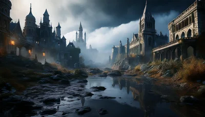 Gothic Castle Ruins Overlooking A Misty River