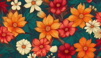 Vibrant Floral Pattern With Orange And Red Flowers