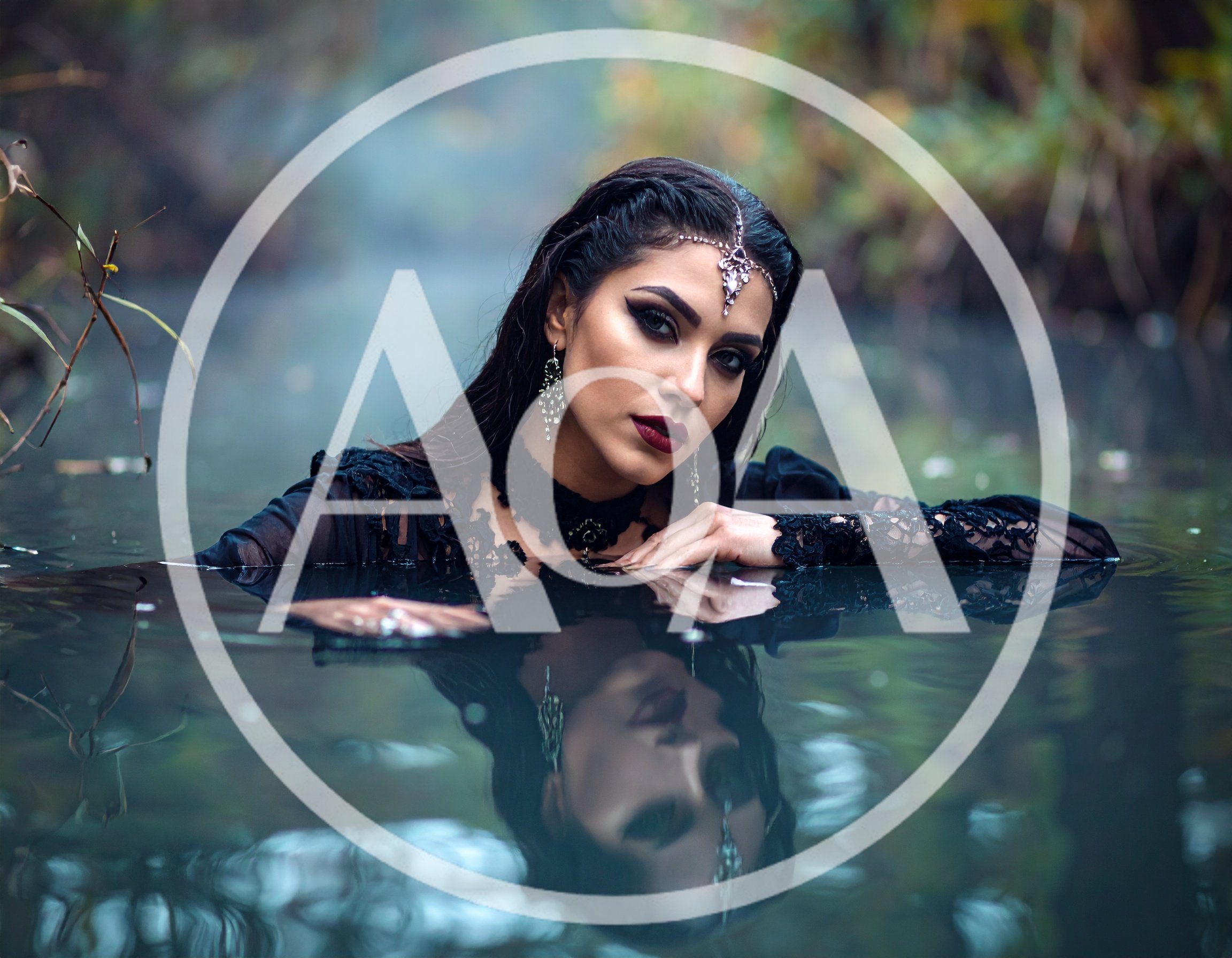 Mysterious Woman In Black Dress Posing In Water