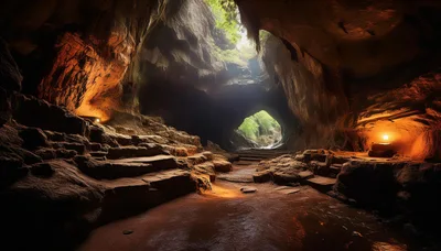 Sunlight Streaming Into A Large Natural Cave Entrance