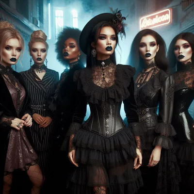 Group Of Gothic Women In Dark Victorian Fashion