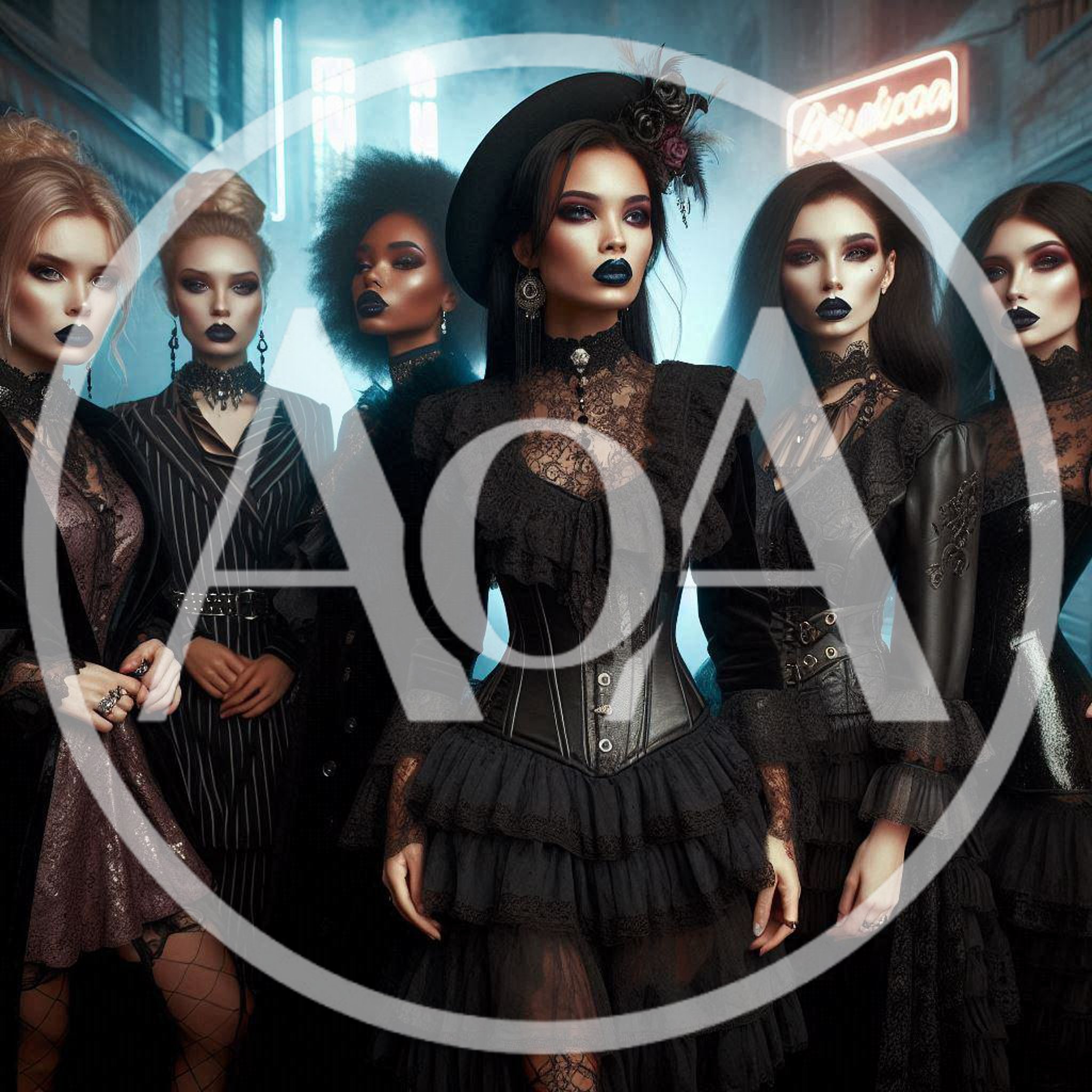 Group Of Gothic Women In Dark Victorian Fashion
