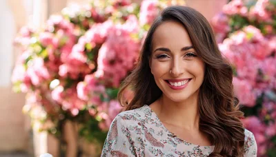 Smiling Young Woman Standing In Front Of Pink Flowers