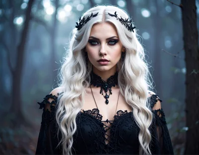 Gothic Woman With White Hair In Misty Forest