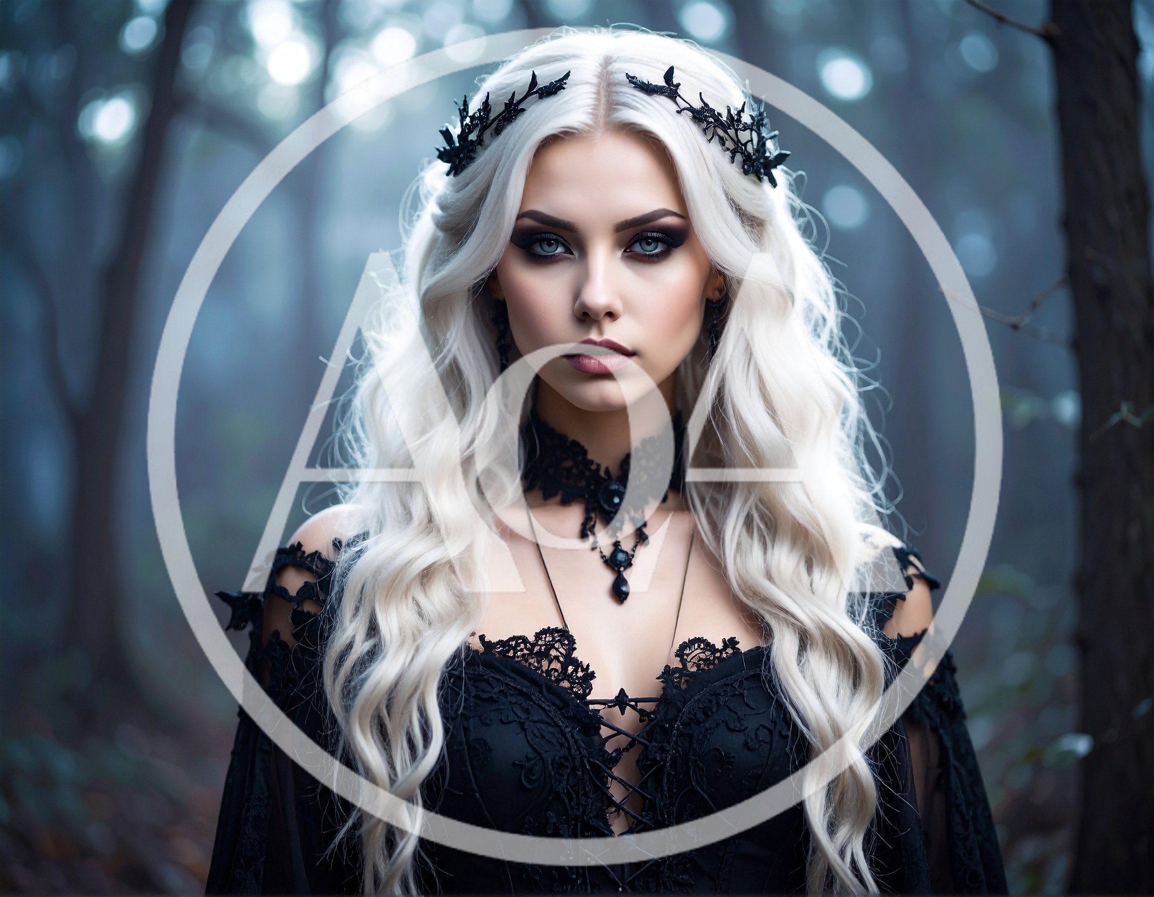 Gothic Woman With White Hair In Misty Forest