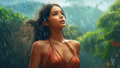 Young Woman Standing Outdoors In The Rain