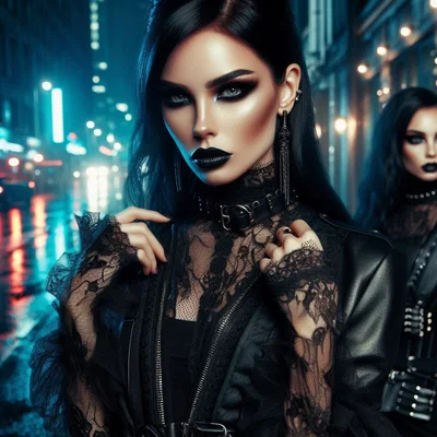 Gothic Women In Dark Fashion On City Street