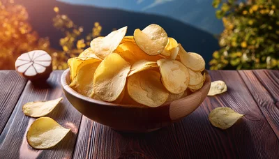 Bowl Of Crispy Potato Chips On Wooden Table