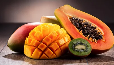 Fresh Tropical Fruit Assortment on Wooden Surface