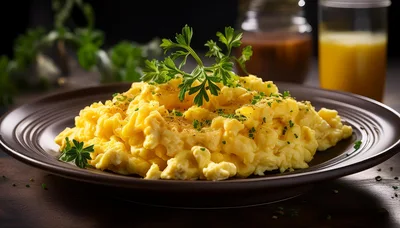 Plate Of Fluffy Scrambled Eggs With Fresh Parsley