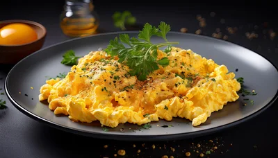 Gourmet Scrambled Eggs Served on a Dark Plate