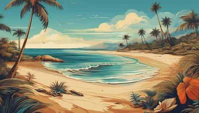 Tropical Beach Landscape With Palm Trees And Ocean Waves