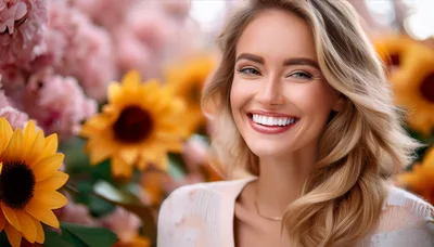 Smiling Blonde Woman Surrounded By Sunflowers And Cherry Blossoms