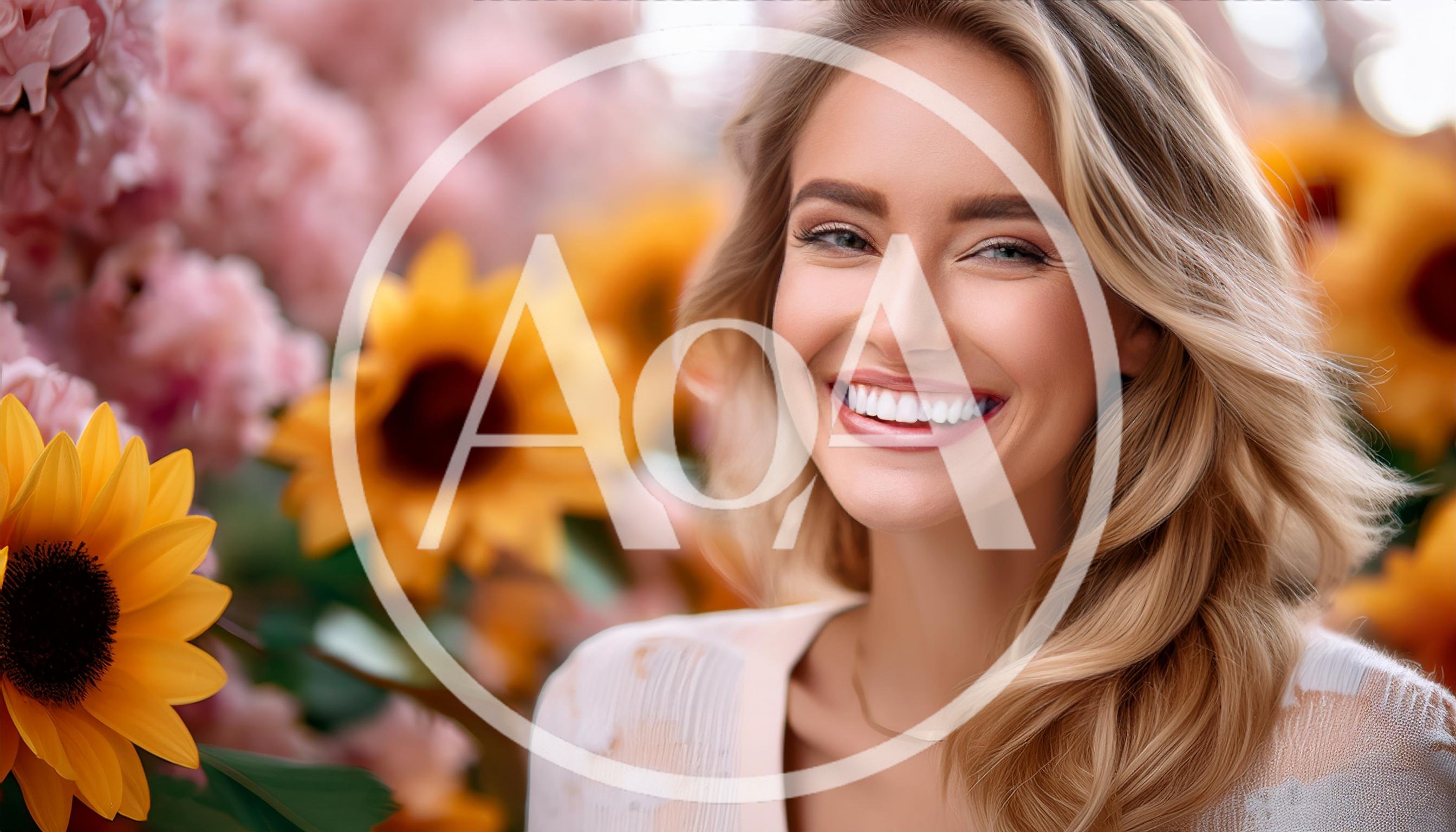 Smiling Blonde Woman Surrounded By Sunflowers And Cherry Blossoms
