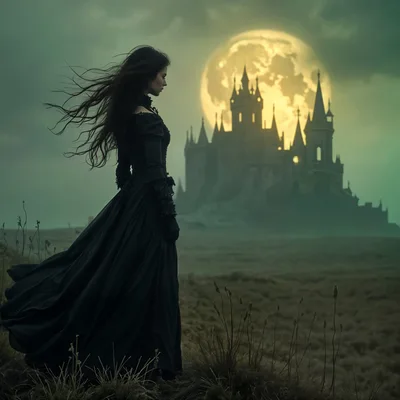 Gothic Woman Standing Before A Dark Castle Under Moon