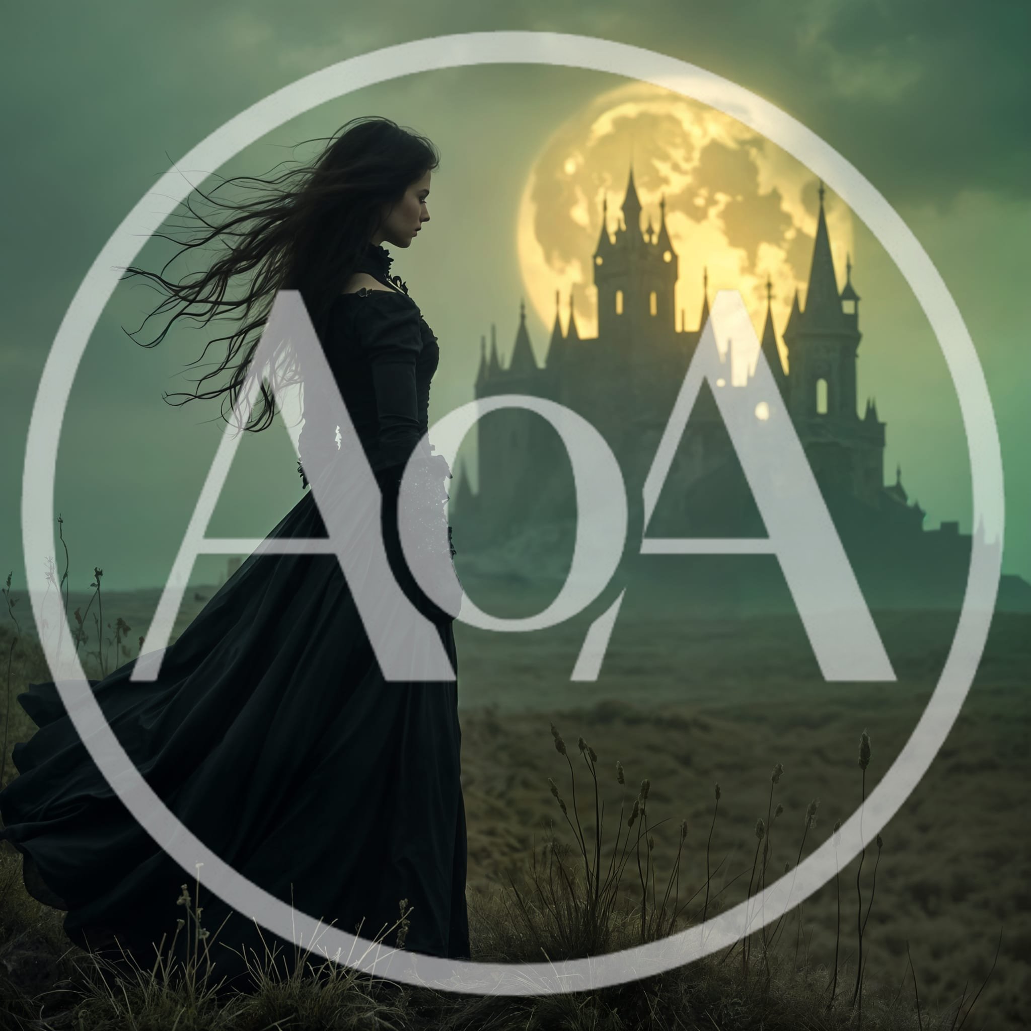 Gothic Woman Standing Before A Dark Castle Under Moon
