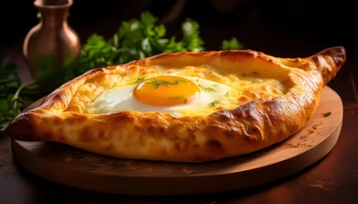 Freshly Baked Adjaruli Khachapuri With Egg On Wooden Board