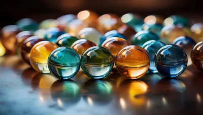 Close Up Of Colorful Glass Marbles On Wooden Surface