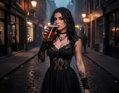 Gothic Woman Drinking Beer on Cobblestone Street