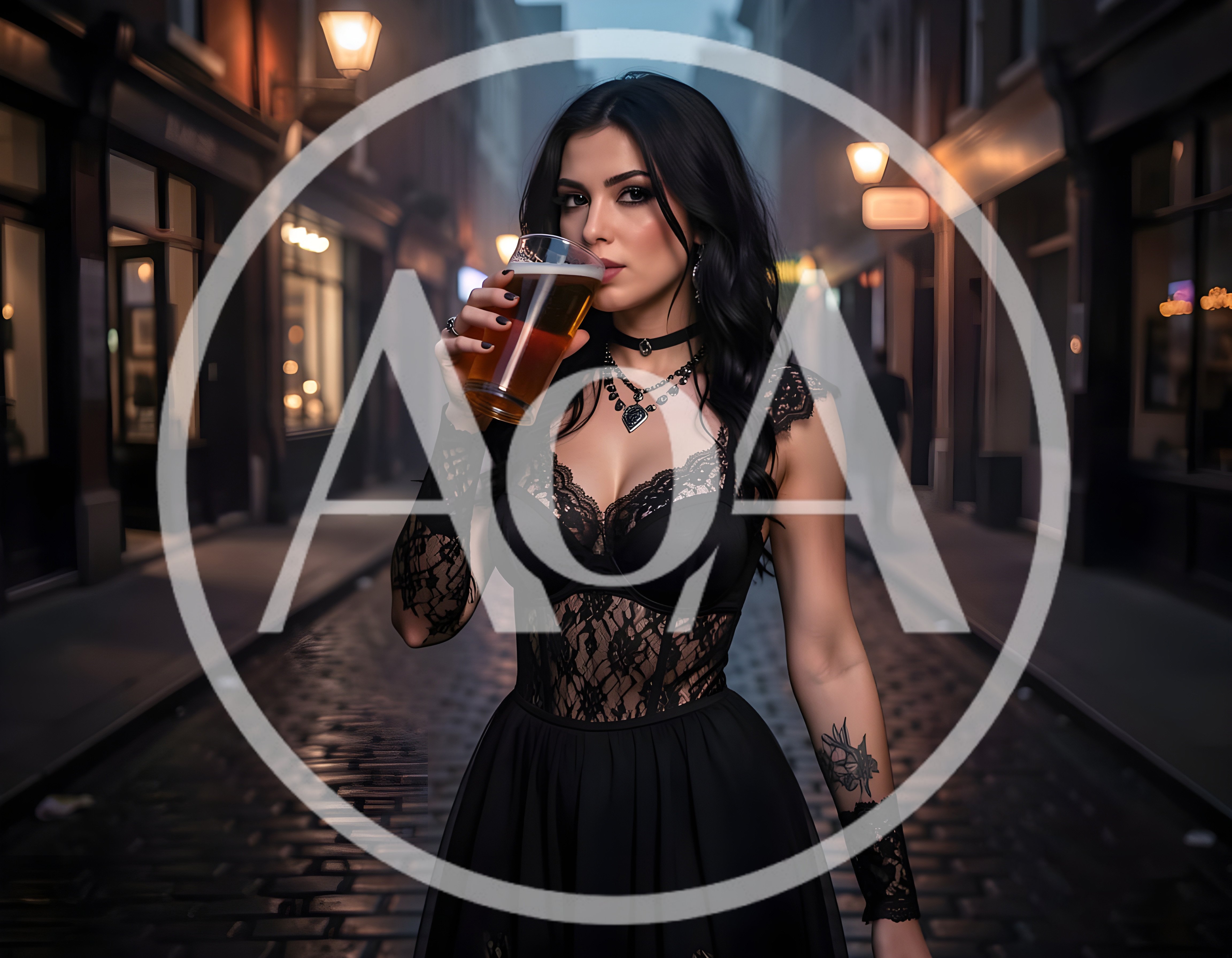 Gothic Woman Drinking Beer on Cobblestone Street