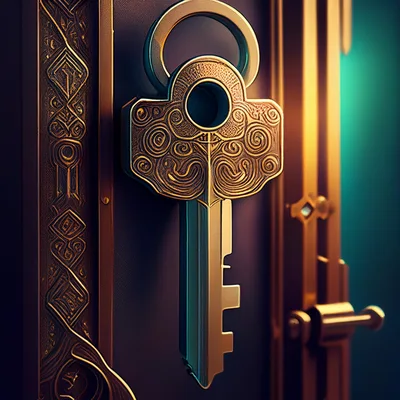 Ornate Golden Key Inserted Into Intricate Metal Door