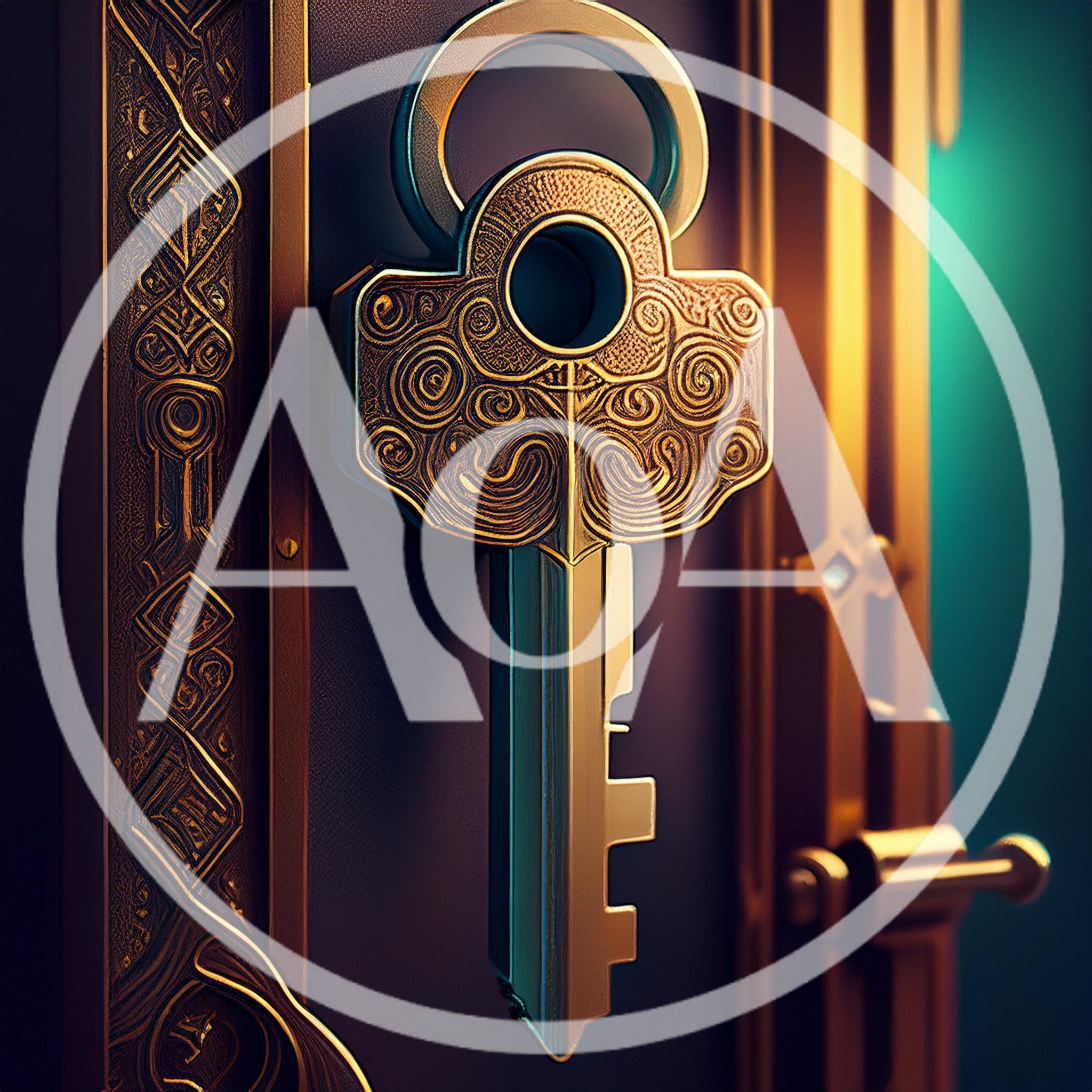 Ornate Golden Key Inserted Into Intricate Metal Door