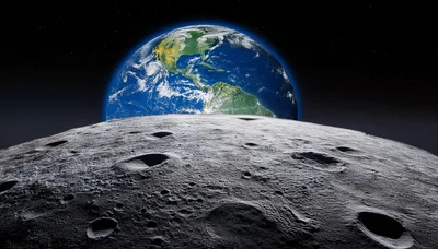 Earth Rising Over The Moon Surface