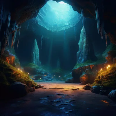 Mystical Underground Cave With Glowing Light Shaft