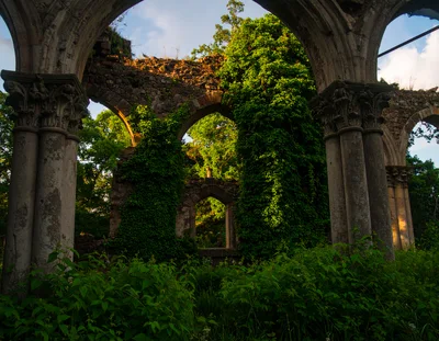 Ancient Stone Ruins Overgrown With Lush Green Ivy