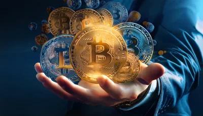Businessman Holding Glowing Digital Bitcoin Cryptocurrency Coins